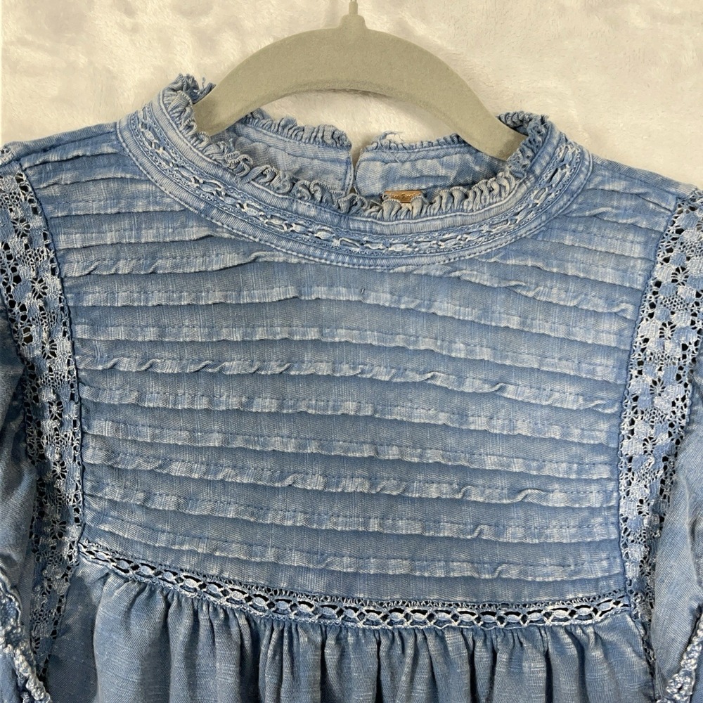 Free People Blue Denim Chambray Ruffled Le Femme Blouse Boho Babydoll Peasant S - Picture 2 of 11